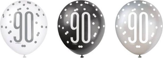Ballonnen 90 jaar - zwart/zilver/wit - 6 stuks