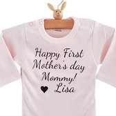 Rompertje baby tekst mama eerste moederdag | Happy first mothers day mommy met naam| Lange mouw |roze zwart | maat 74/80 (zonder hart) cadeau bekendmaking zwangerschap aanstaande b