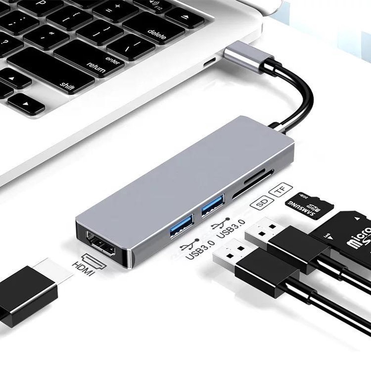 LOUZIR 5 in 1 Aluminium USB-C Hub Adapter - 1x HDMI / 2x USB 3.0 / 1x SD TF Cardreader - Macbook Pro / Surface Book / Dell XPS / Asus Zenbook / MSI / Lenovo Yoga / HP Spectre / Samsung S9 / Plus / S8