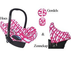 Maxi Cosi hoes set met zonnekap en gordelbeschermers – geschikt voor CabrioFix, Pebble, Citi – Autostoelhoes groep 0+ – Roze katoen – Baby cadeau – Wallabiezzz
