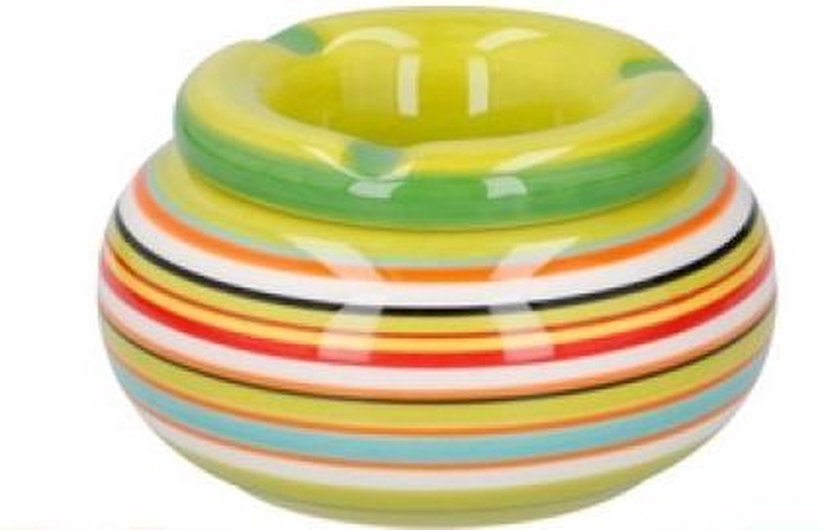 Asbak Ø13,5 x H7,2 cm - Rond - Keramiek - Kleurrijk Gestreept Design - Makkelijk Schoon Te Maken - Voor Woonkamer of Balkon - Set van 3 Stuks - Meerkleurig