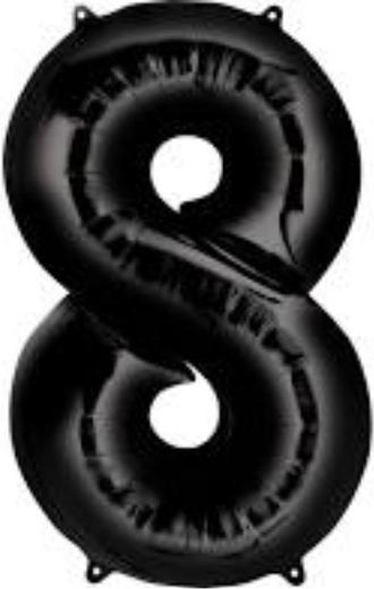 Folie ballon XL cijfer 8 zwart kleur is 58 x 86 cm groot  inclusief een flamingo sleutelhanger