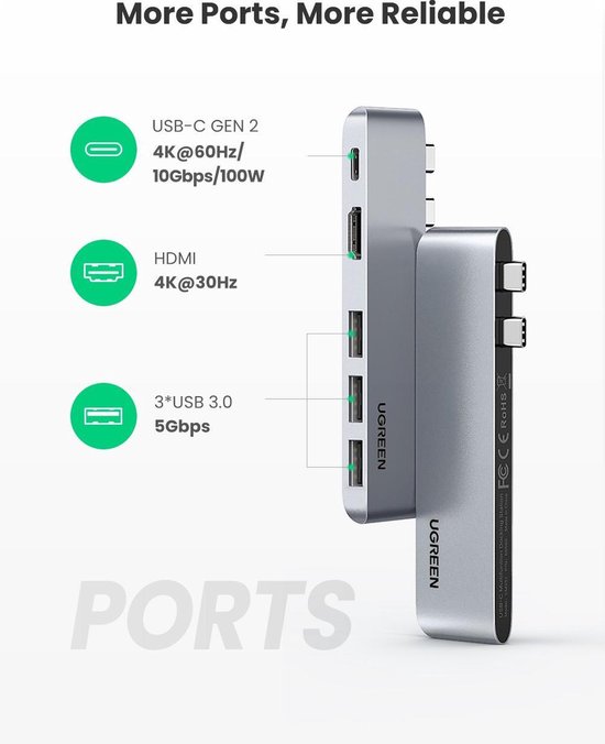 Ugreen MacBook Dock - HUB - Splitter - HDMI - 3 x USB3.0 - Thunderbolt - USB-C