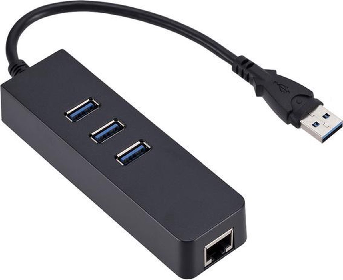 Qost USB 3.0 Hub & Ethernet Adapter - 3 Poorts Splitter - USB 3.0 naar Gigabit Ethernet (LAN) - Zwart - Qost®