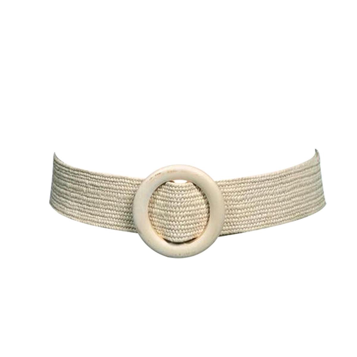 Modieuze Vrouwen Taille Riem met houten Cirkelgesp, Beige, Crème Wit, Gebroken Wit , Elastisch, Band, Uitrekbaar, Gewoven, Taille, Ceintuur, Jurk Accessoire, Tailleriem