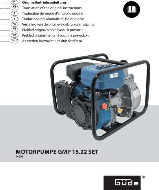 Güde 94503 Kit de motopompe GMP 15.22, moteur 4 temps, débit : 15 000 l/h,  hauteur maximale de refoulement : 22 m, motopompe à essence, bleue, noire