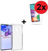 Samsung Galaxy A21 hoes TPU Silicone Case hoesje met versterkte randen Transparant + 2x Screenprotector Tempered Gehard Glas (2 stuks) Pearlycase