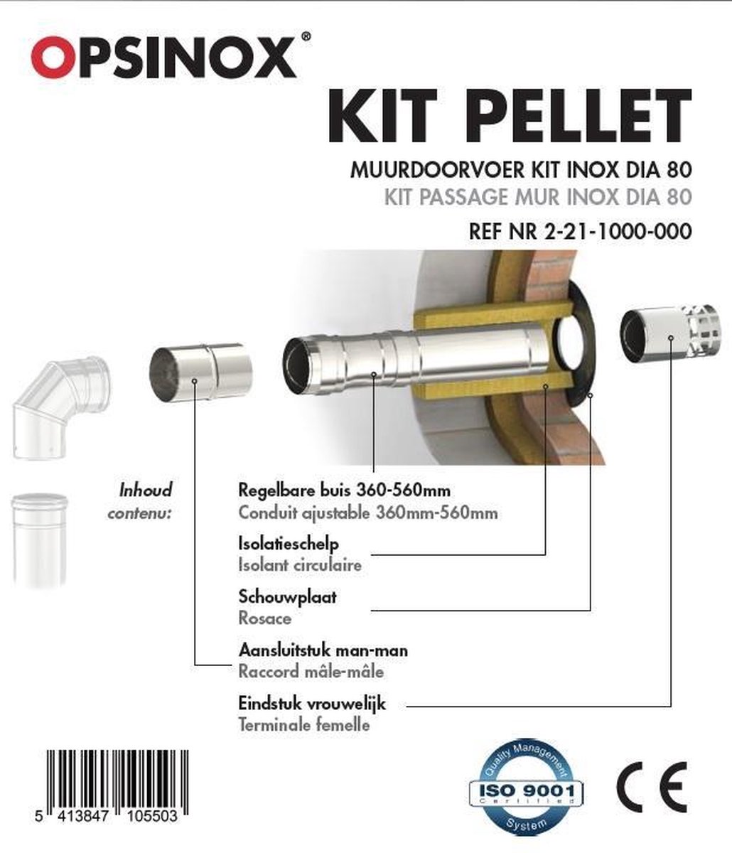 Pellet kit - RVS - muurdoorgang Ø 80 - rookgasafvoer |