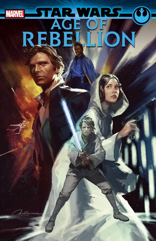Cover met Han Solo, Lando Calrissian, Prinses Leia en Luke Skywalker met lichtzwaard. 'Star Wars Age of Rebellion'.