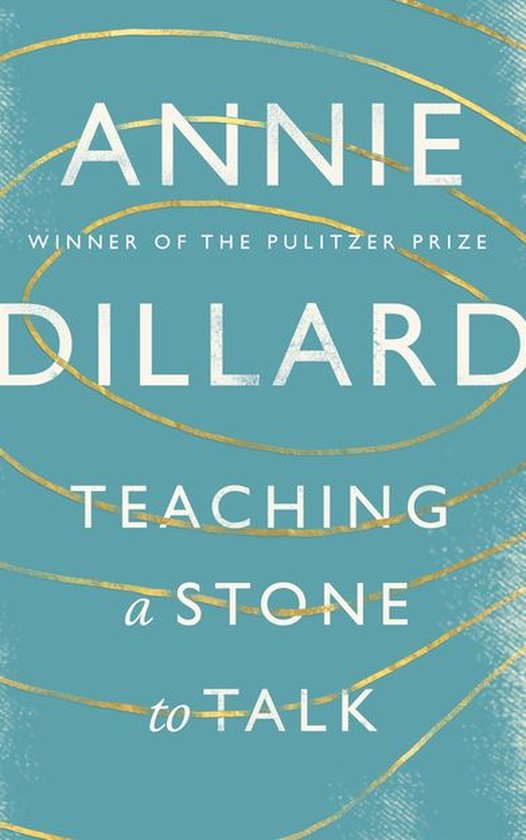 Boek "Teaching a Stone to Talk" van Annie Dillard. Blauwe omslag met gouden lijnen en witte tekst.