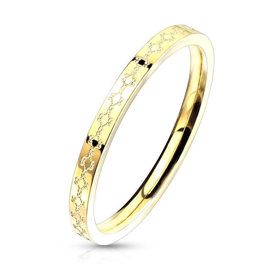 Ring Dames - Goud Kleurig - Gouden Kleur - Ring - Modern met Patroontje en Steentje - Grace