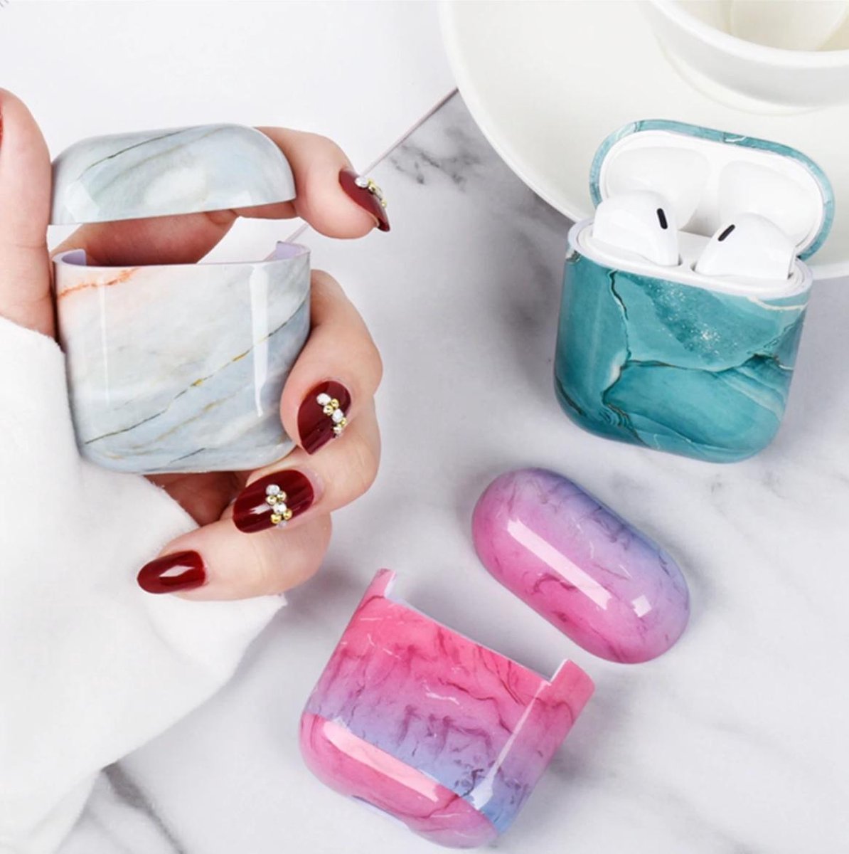 AirPods 2 hoesje marmer stijl, stevig schokbestendig case voor AirPods 1 en 2, roze blauw, draadloos opladen - Afbeelding 3