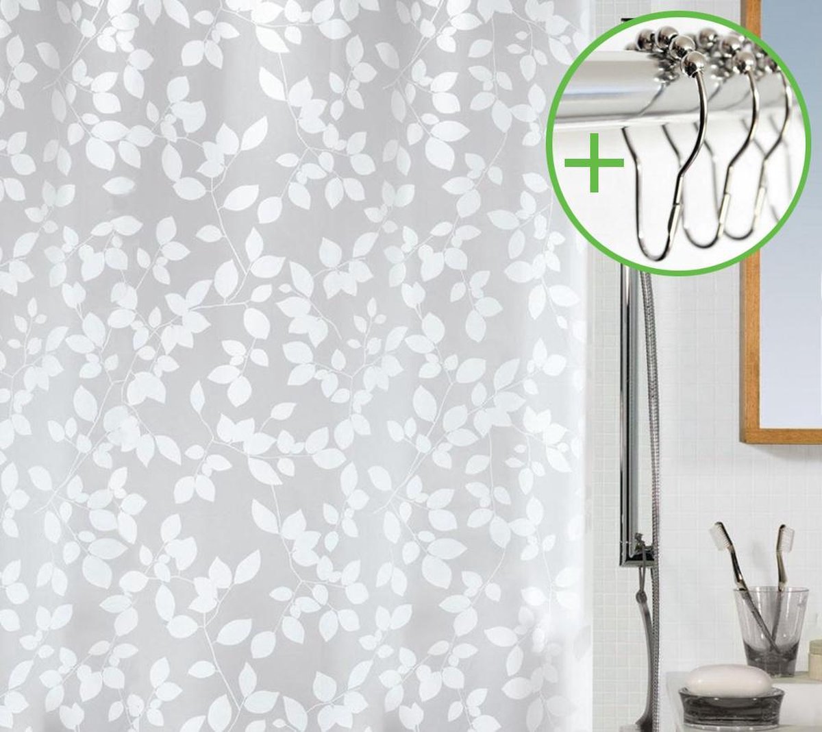 SPIRELLA douchegordijn decor BLATT - WIT - Polythileen Vinyl - 180 x 200 cm | DOUCHEGORDIJN + RINGEN