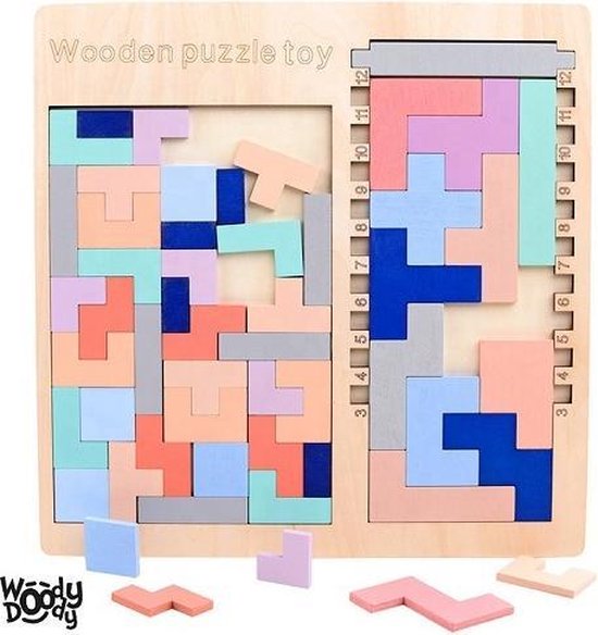 Afbeelding van het spel Tetris Vormen Puzzel - Houten Blokjes Tangram - Educatief Spel 4 jaar - Ruimtelijk Speelgoed Jong en Oud Kleurrijk Veilig - WoodyDoody