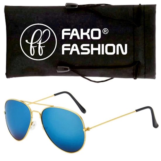 Lunettes de soleil aviateur dorées avec verres bleus miroirs et étui noir avec logo 'FAKO FASHION'.