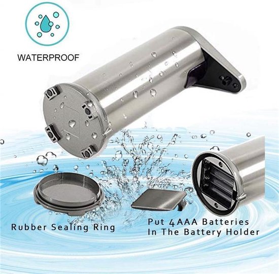 Zeepdispenser in zilverkleur, waterdicht, met zichtbaar batterijcompartiment en rubberen afdichtring.