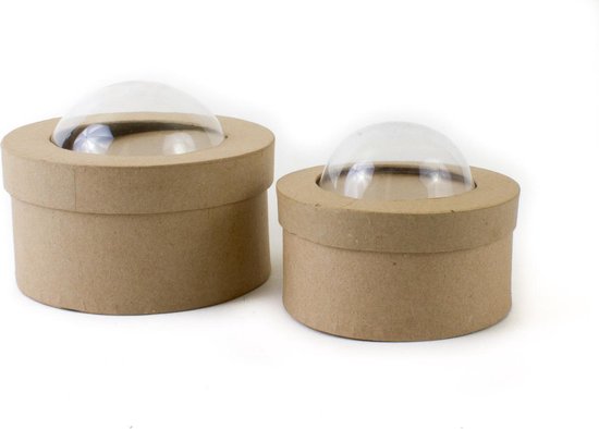 Blister dozen rond | decopatch doosje rond papier maché met blister deksel display venster 12 en 15 cm doorsnee | mixed media workshop| persoonlijk geschenkdoosje herinneringsdoos box | vakantie idee servetten