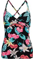 Seafolly Island Vibe Wrap Front Singlet Black - Zwarte Dames Tankini met Bloemenprint - Maat 36