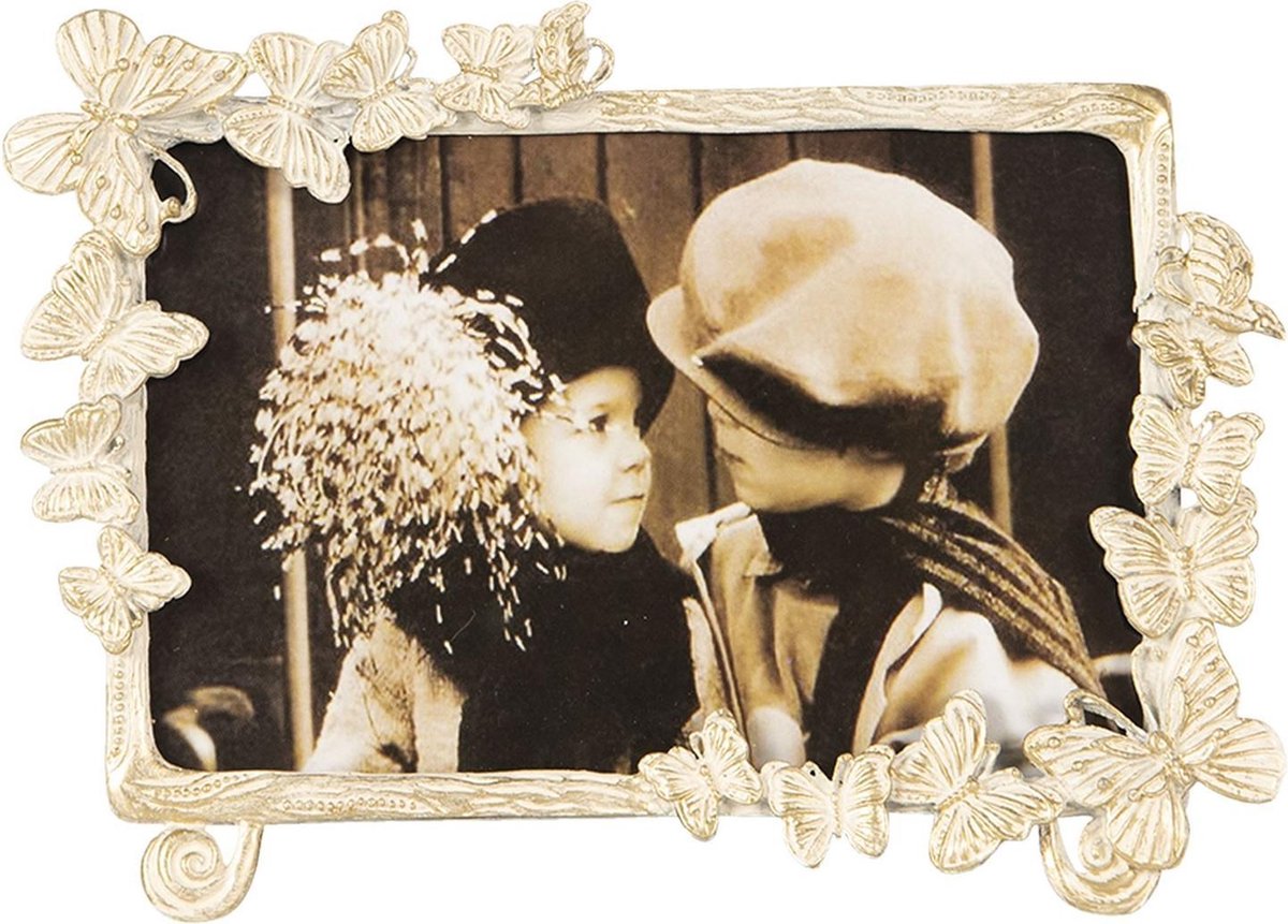 Clayre & Eef Fotolijst 18*2*13 / 10*15 cm Beige Glas, Metaal Rechthoek Vlinder Fotokader Wissellijst Foto Frame