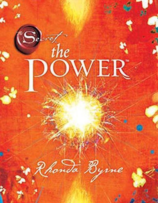 Boek "The Power" van Rhonda Byrne, met een knallende cirkel van licht op een oranje achtergrond.