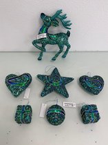 Decoratieve kerstbeelden en kersthangers met glitters en pailletten (blauw/goud) - set van 7 stuks (divers)