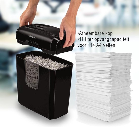 Zwarte papierversnipperaar met afneembare kop, 11 liter opvangbak voor 114 A4-vellen.
