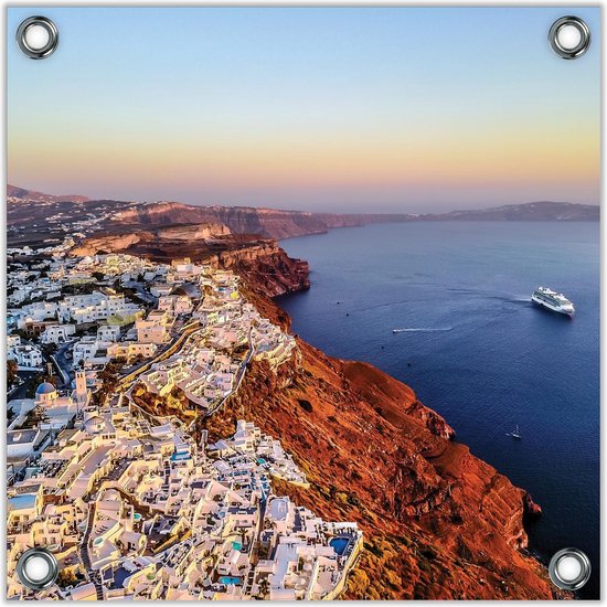 Tuinposter –Santorini Huisjes en Zee - Griekenland -80x80  Foto op Tuinposter  (wanddecoratie voor buiten en binnen)