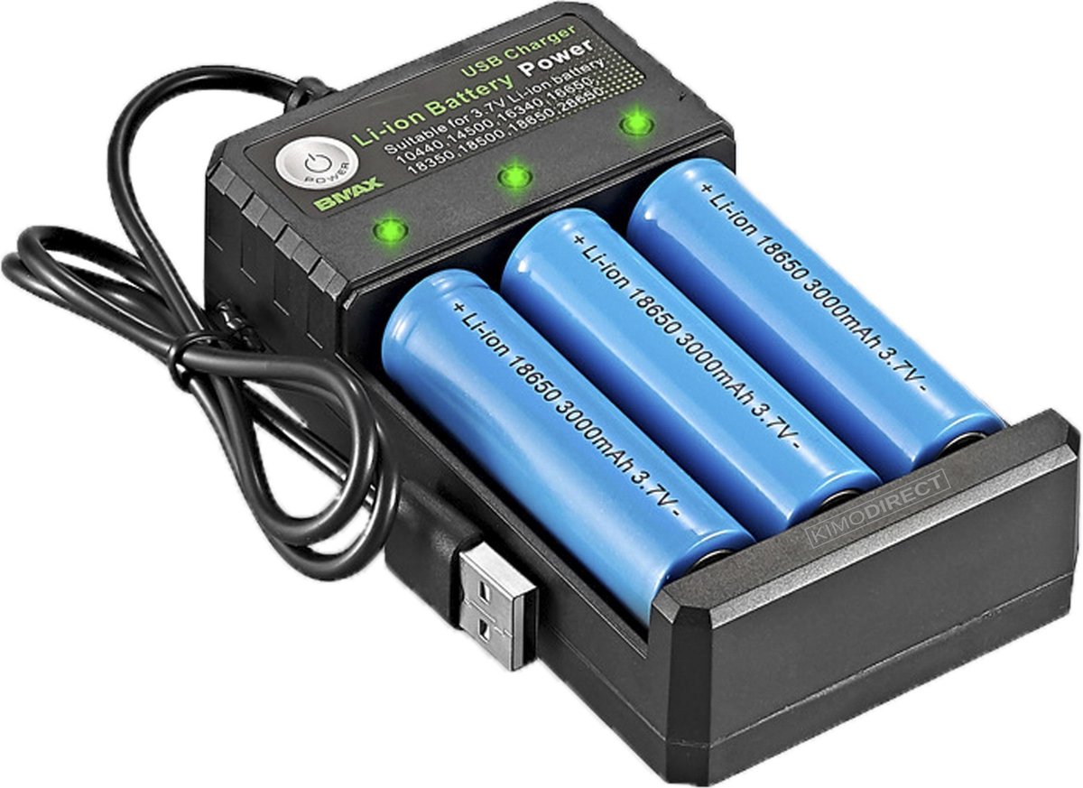 KIMO DIRECT Batterijoplader Complete Set - lader - 3 Lithium Li-ion 18650  batterijen... | bol.com