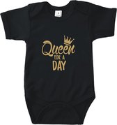 Rompertjes baby met tekst - Queen for a day - Romper zwart - Maat 74/80