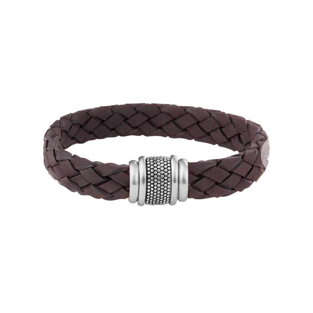 YO&NO - Armband - Donkerbruin - Gevlochten - Leer - 12 mm - 21 cm - Heren - Stainless steel