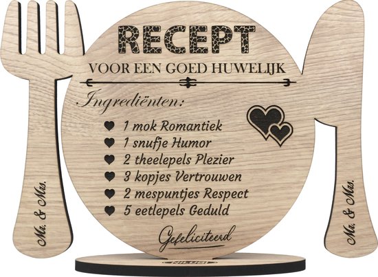 hun Pogo stick sprong huisvrouw Cadeau huwelijk - houten kaart - kaart van hout - huwelijksgeschenk -  RECEPT voor een... | bol.com