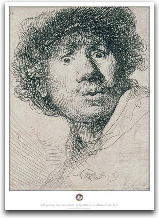 Poster, 50 x 70 cm , Zelfportret met verbaasde blik ,Rembrandt