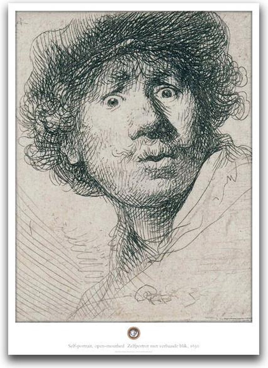 Lanzfeld (museumwebshop.com) Poster, 50 x 70 cm , Zelfportret met verbaasde blik ,Rembrandt grijs