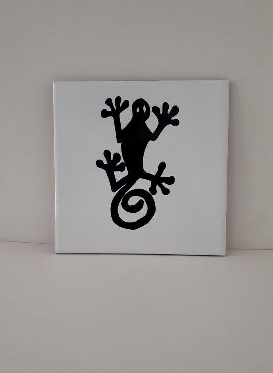 Jacqui's Arts & Designs - African design - handbeschilderd tegel - keramische tegel - zwart - wit - koper - dieren afbeelding -salamander