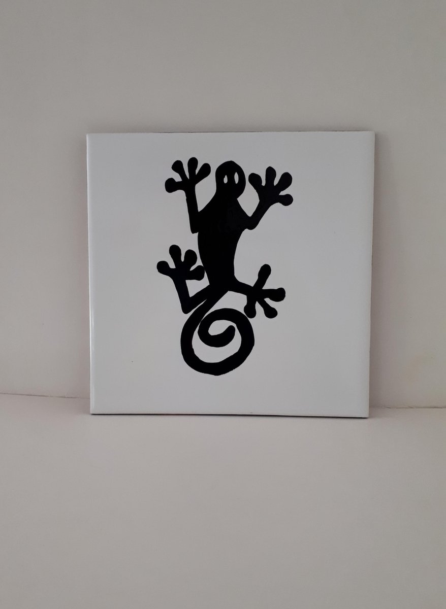 Jacqui's Arts & Designs - African design - kunsttegeltje - handbeschilderd tegel - keramische tegel - zwart - wit - koper - dieren afbeelding -salamander