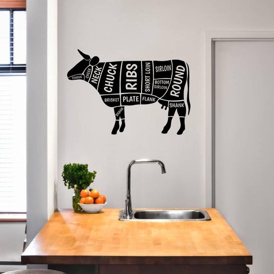 Muursticker Koe Met Benaming - Groen - 80 x 53 cm - keuken engelse teksten dieren