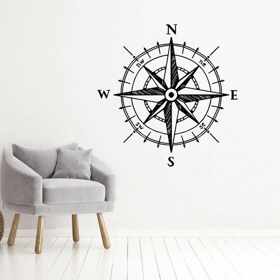 Muursticker Kompas - Zwart - 80 x 80 cm - slaapkamer woonkamer alle