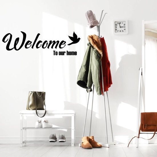 Muursticker Welcome To Our Home With Vogel - Marron clair - 120 x 38 cm - Muursticker4Sale