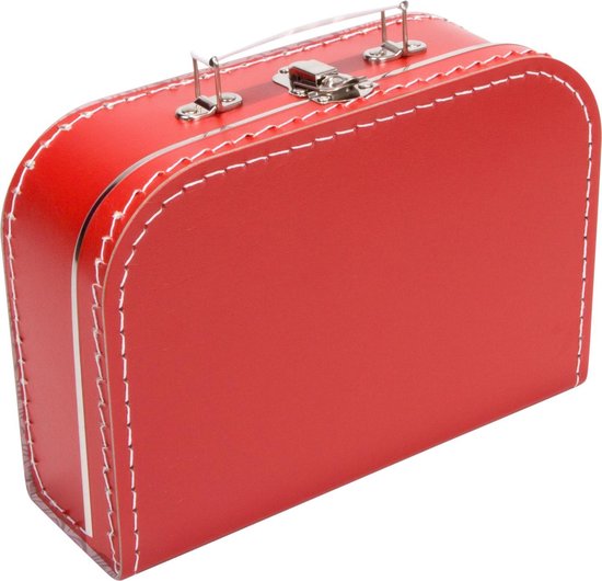 Valise Kinder ROUGE en karton de 25 cm avec un contenu social. Décoration, jouets, fête d'invités, valise pour enfants.