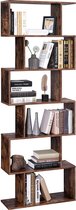 boekenkast, plank, staande plank voor presentatie, vrijstaande kast, decoratieve plank met 6 niveaus, vintage, donkerbruin