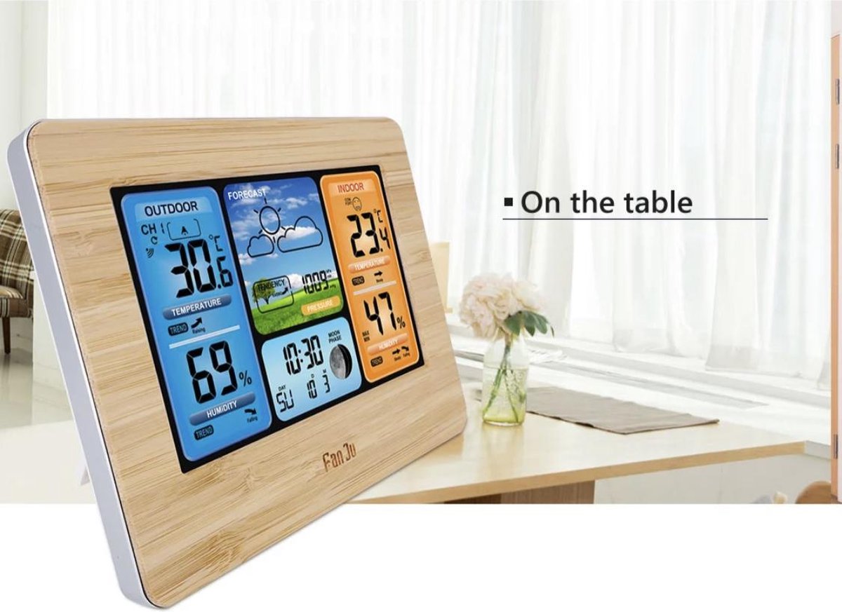 FanJu Wireless Weather Station with Outdoor Sensor, DCF Radio Clock, Digital Colour Display, Indoor & Outdoor, Thermometer, Hygrometer, Wireless Weather Station with Weather Forecast and Barometer