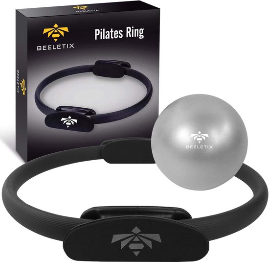 Beeletix Pilates Ring en Mini Pilates Ball Set Inclusief Trainingsschema  - Yoga Ring - Fitness Ring - Magic Circle - Weerstandsring - Zwart - Ø 38cm