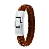 Stalen herenarmband gevlochten leer cognac