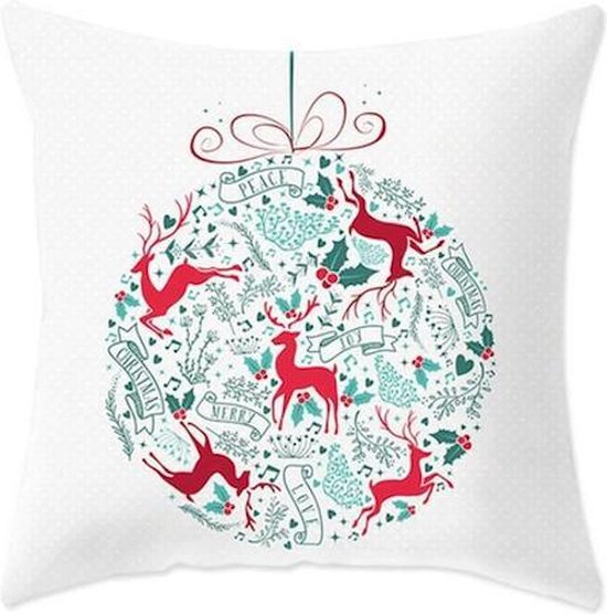 Kussenhoes Kerst Wit / Groen met hertjes en kerstwens in Kerstbalvorm (500177)