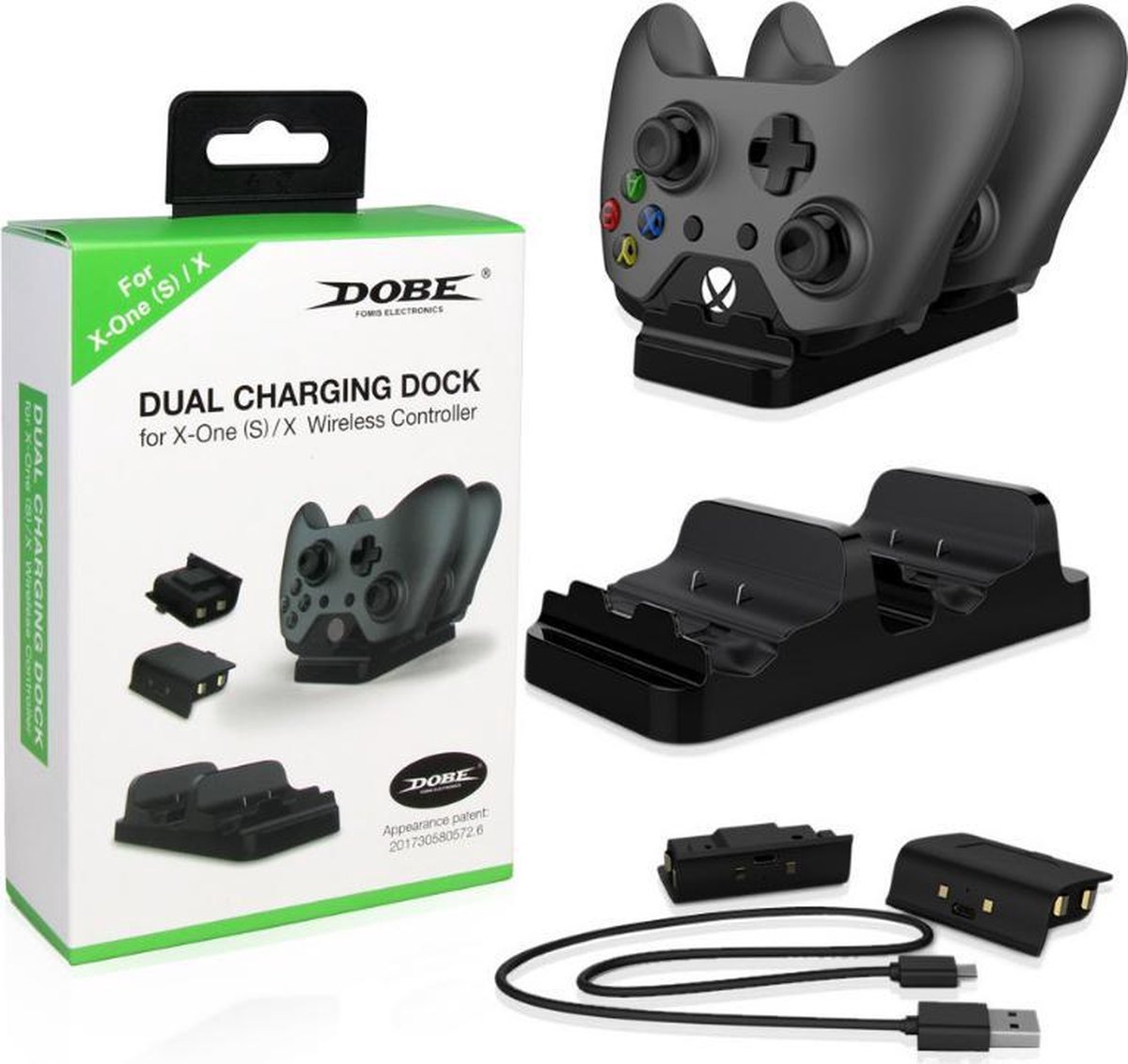 DOBE Dual Black Battery Pack Accu Controller Dock Charger Oplaad Station Geschikt voor Xbox One S / X - LED USB Dubbel Docking Op Laadkabel- Laadstation