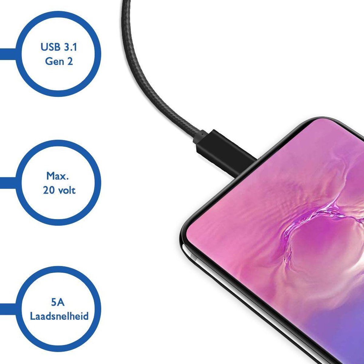 USB C naar USB C kabel 3m USB 3.2 Gen 2 10Gbps 100W Power Delivery nylon mantel zwart male-to-male - Afbeelding 2
