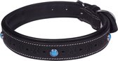 Luxe Halsband voor Honden - Steentjes en Bloemen - Echt Leer / Leder - Maat L - 58x2,5 cm - Zwart
