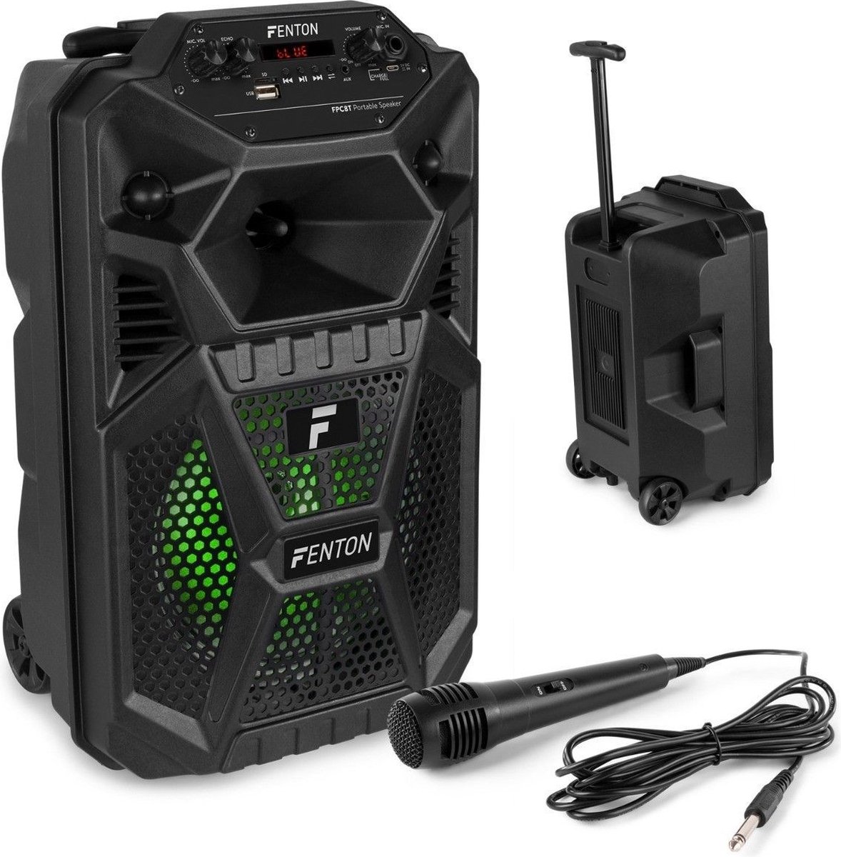 Bluetooth speaker - Fenton FPC8T - 100W party speaker / karaoke set met Bluetooth mp3 speler microfoon en LED verlichting