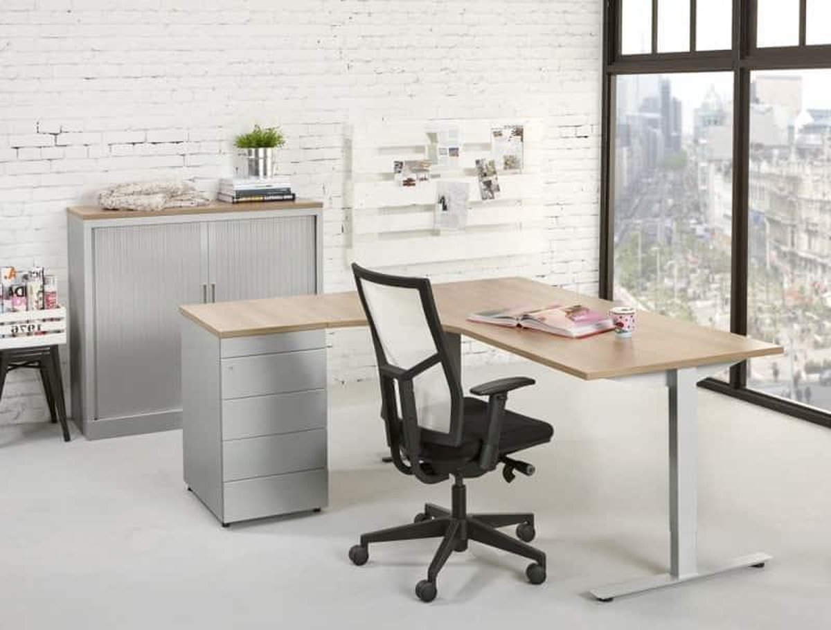 ABC Kantoormeubelen Ergonomisch t-poot wingbureau Design Teez breed 180CM diep 120CM bladkleur Logan eiken framekleur Wit (RAL9010) wingzijde Rechts Wit (RAL9010)/Logan eiken