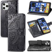 Telefoonhoesje voor Apple iPhone 12 Mini | Hoogwaardig PU Leren Bookcase | Lederen Wallet Case | Pasjeshouder | Portemonnee | Vlinder Patroon | Zwart